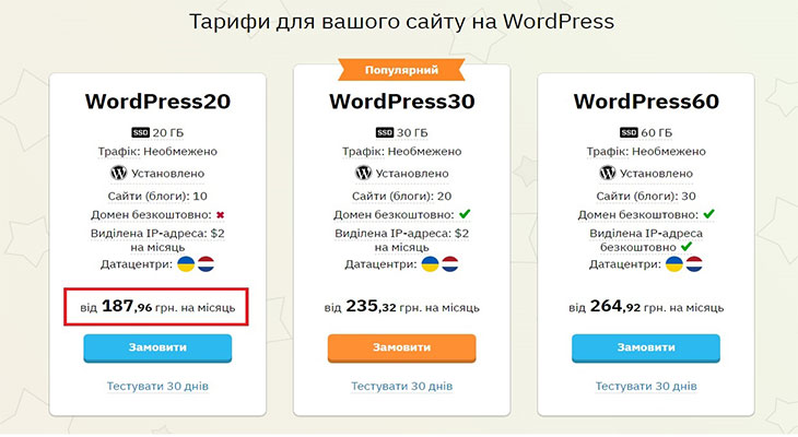 Тарифи для вашого сайту на WordPress